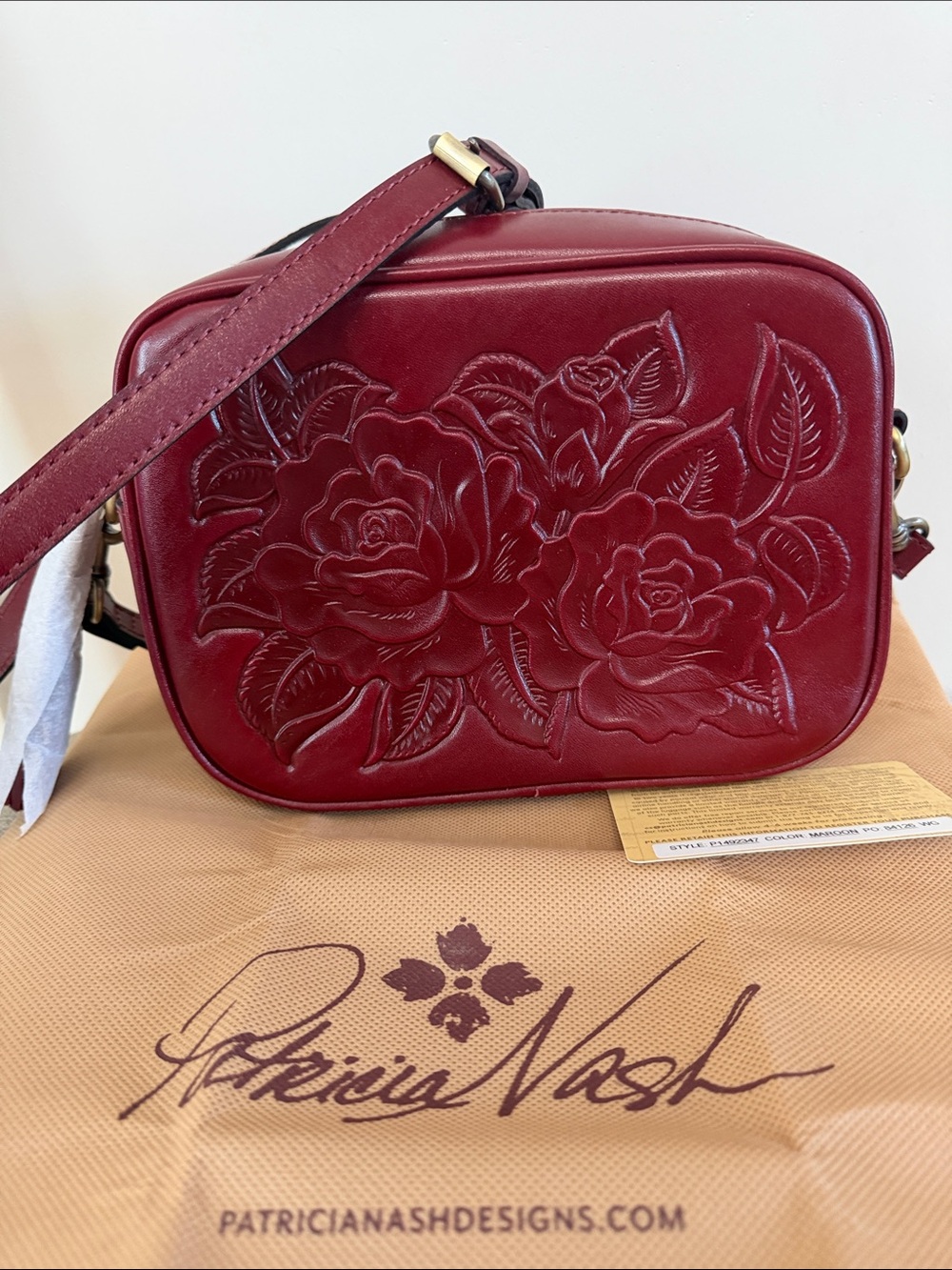 Patricia Nash Josie Floral Embossed Maroon Leather Crossbody NWOT